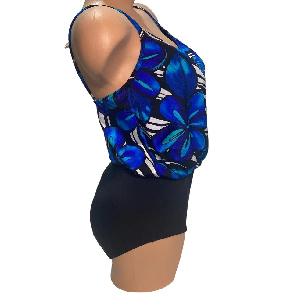 Vtg Inches Away Slimming Swimsuit Size‎ 8 one Piece Blouson 96063 Blue flower